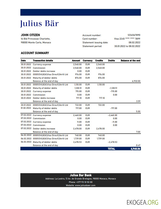 Relevé bancaire Monaco Julius Bar xls